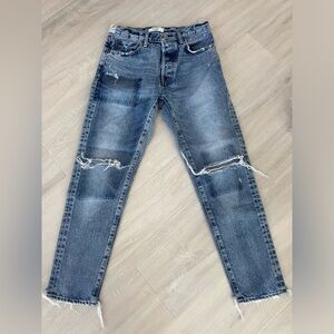 Moussy Vintage Tapered Blue Jeans Faux Patch Stains Japanese Denim Size 27